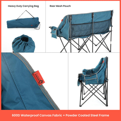 ARROWHEAD OUTDOOR 57" Wide Duo Foldable Heated Camping Loveseat Chair with 3-Stage Heating, Large Cup Holders, Glass Holders, Side Pockets, and Storage Pouches - Blue and Grey