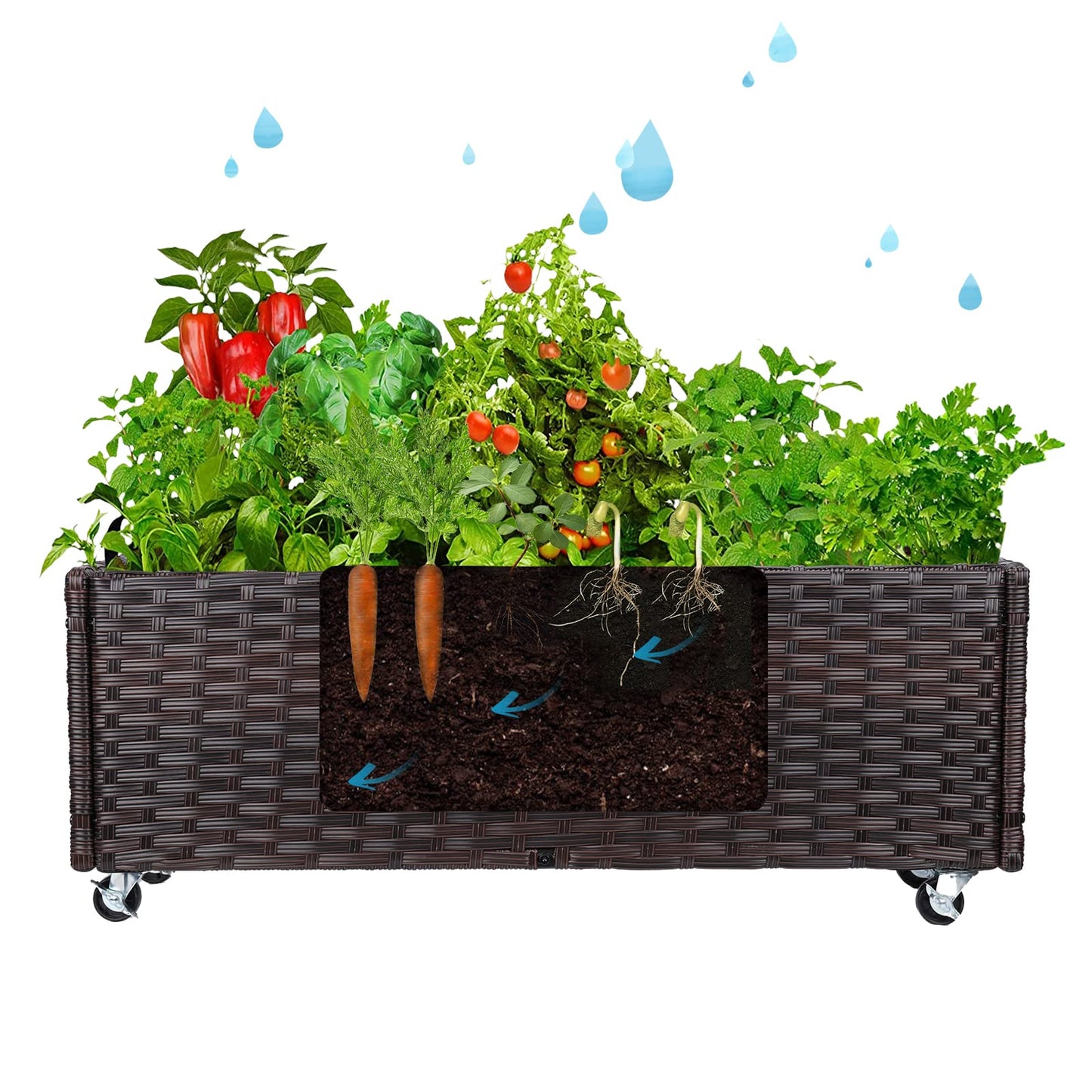 Raised Garden Bed - Garden Planters Box with Wheels, Rattan Patio Raised Beds for Gardening, Indoor Outdoor Planters 3.1FT Save Space…