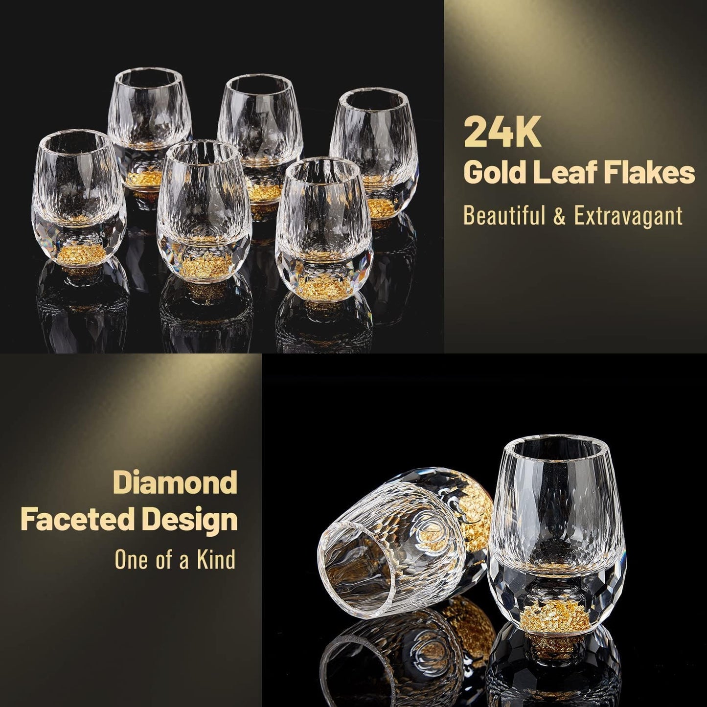 DUJUST Diamond Shot Glasses (1.5oz), Crystal Shot Glass Set Decorated with 24K Gold Leaf Flakes, Luxury & Cute Shot Cups, BPA-Free & Lead-Free, Perfect for Décor & Collection, Gift Choice - 2 pcs