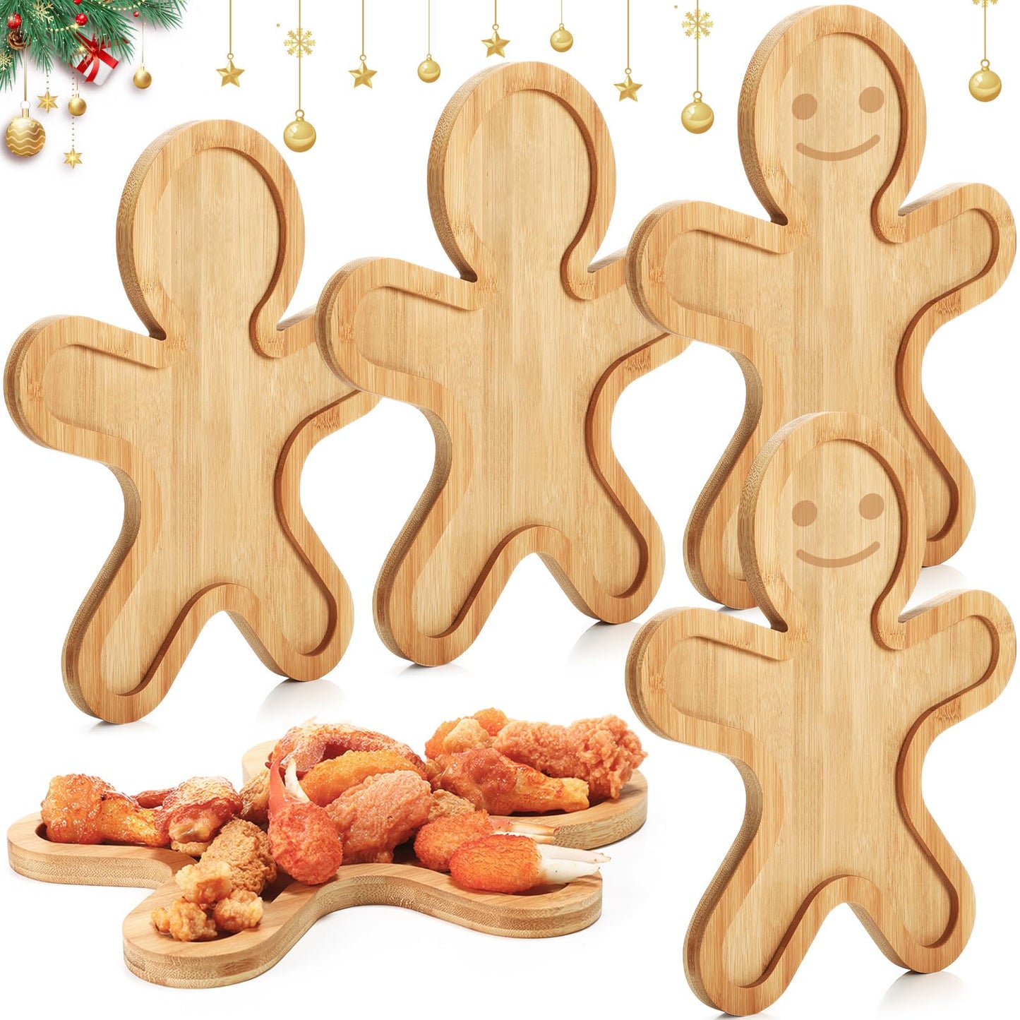 Suzile 4 Pcs Christmas Bamboo Serving Platter 15 x 9.8 Inch Reusable Bamboo Plates Wooden Charcuterie Tray Funny Charcuterie Board Tree Serving Dish for Fruit Bread Cheese Xmas Gifts (Gingerbread Man)