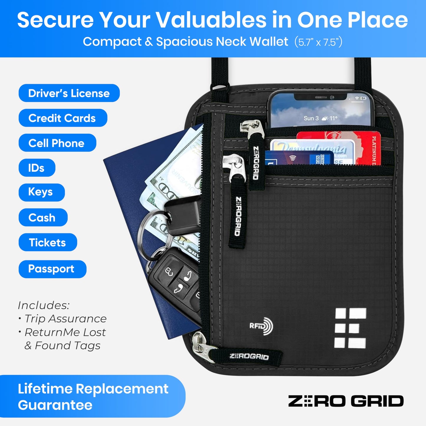 Neck Wallet for Travel & Passport Holder with RFID Blocking - Slim & Easy to Conceal Nylon Travel Pouch for men & women - Holds Phone, Cash, Cards, Keys - Sweat & Water Resistant - Large - Dark Grey