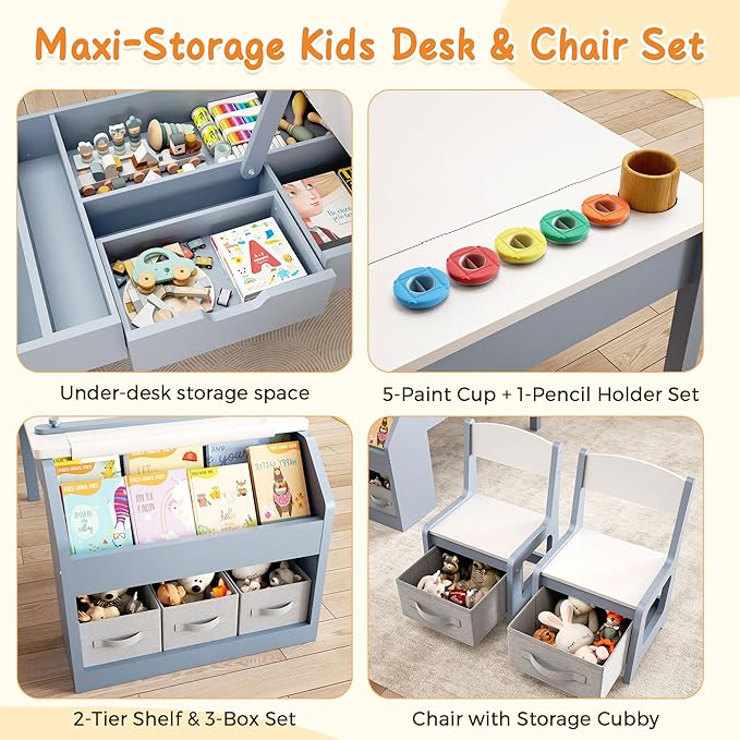 5-in-1 Kids Art Table and Chairs, Wood Toddler Table and Chair Set