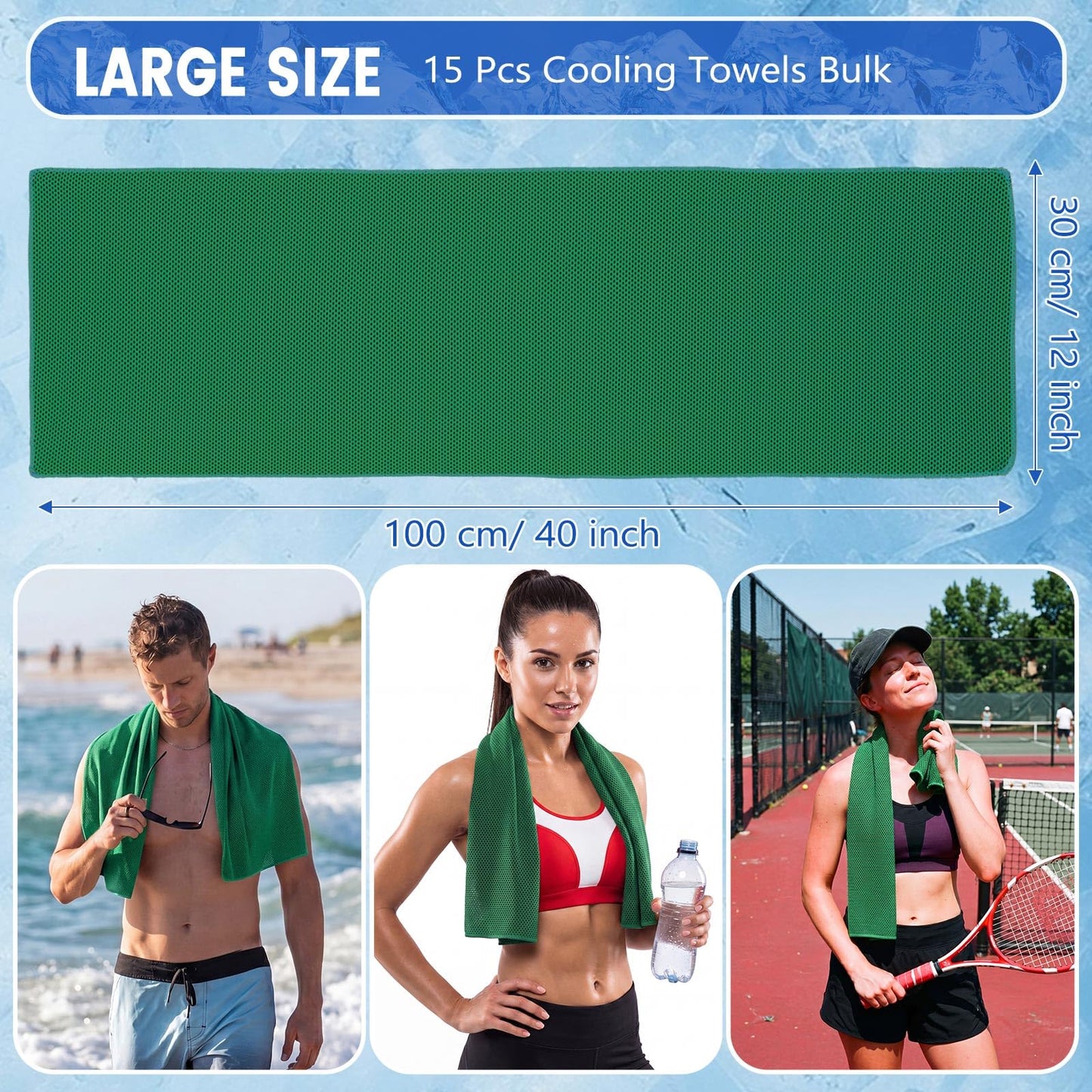 Hosuly 15 Pack Cooling Towels 40" x 12" Cooling Towels for Neck and Face Iced Towel Microfiber Soft Breathable Chilly Yoga Towel for Hot Weather (Green)
