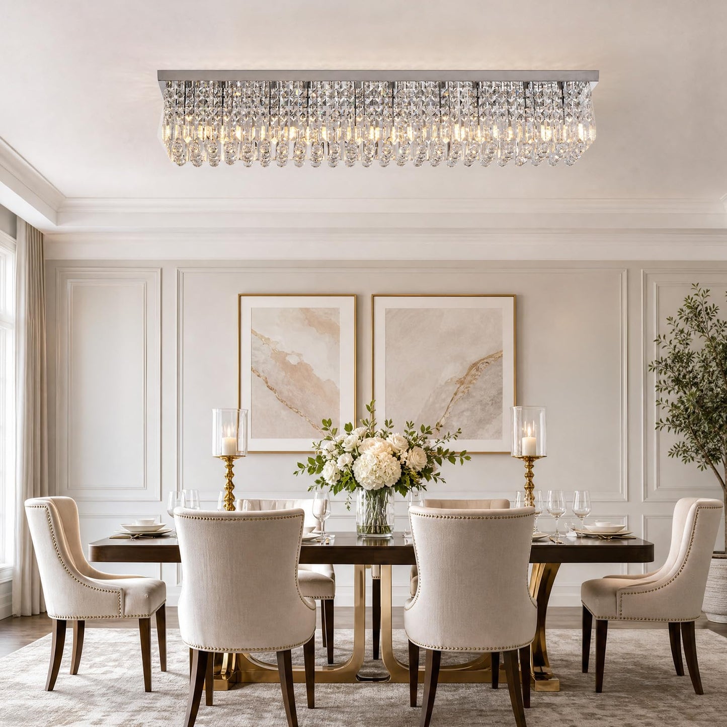 𝐋𝟒𝟎 𝐈𝐧𝐜𝐡 Modern Crystal Chandelier, 8-Lights Rectangle Chandelier Rectangular Flush Mount Pendant Ceiling Light Fixture K9 Crystal Raindrop Chandeliers for Dining Living Room Kitchen Island