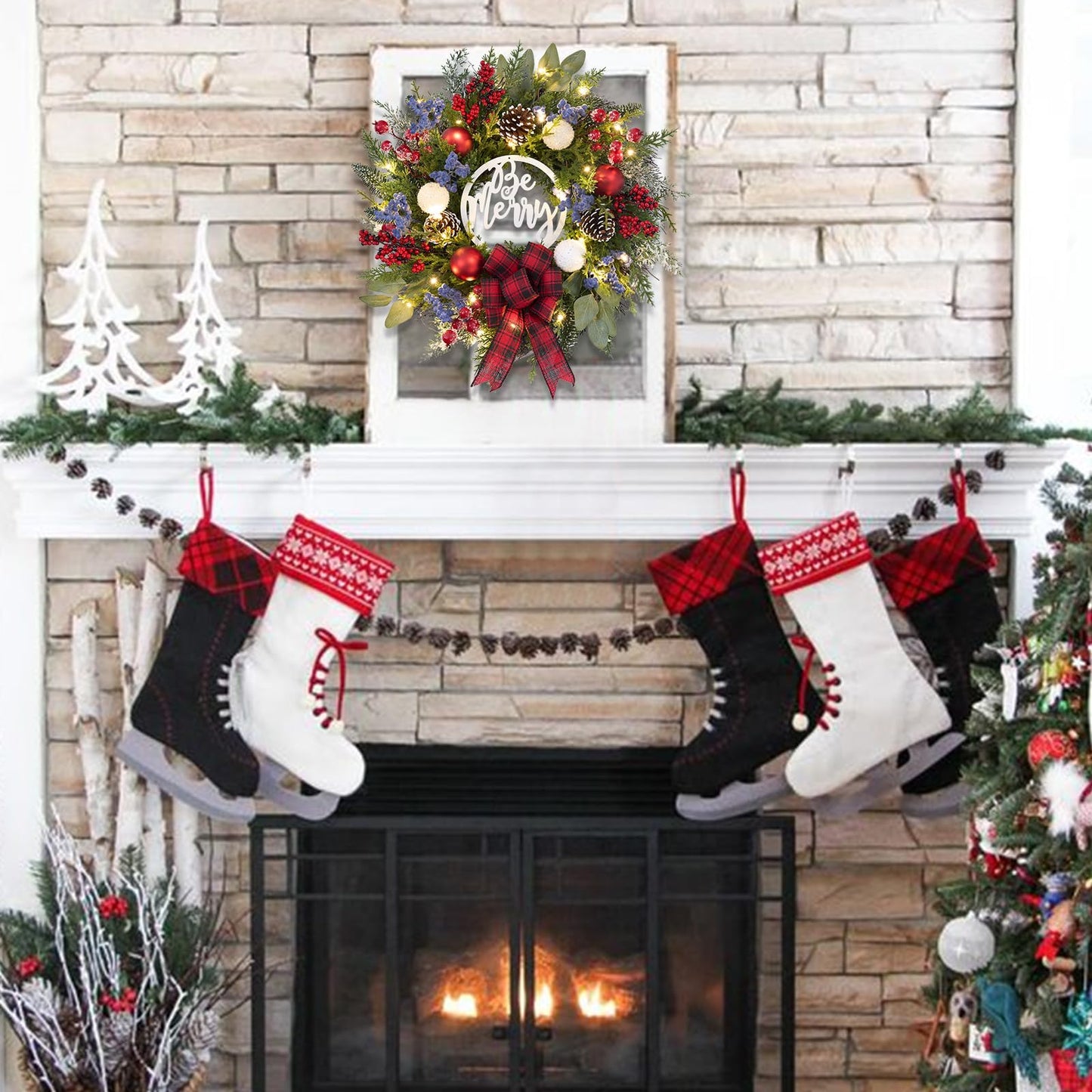 Prelit Christmas Wreath for Front Door Outside,22 inch Be Merry Wreath with red Black Buffalo Plaid Bow,Lighted Farmhouse Christmas decoration-30 LED Light/Timer,Winter Door Wreath, Porch Decor