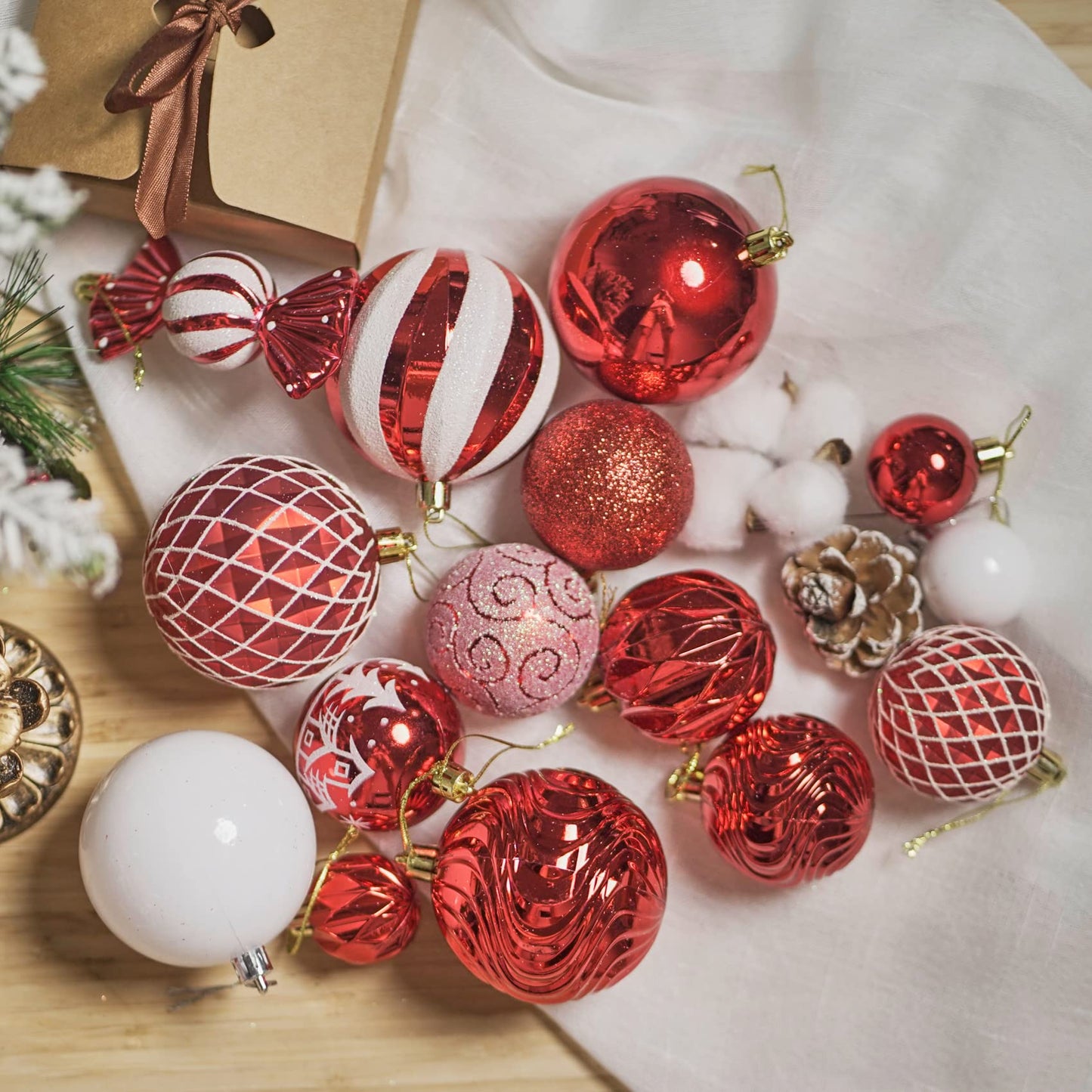 Christmas Ball Ornaments Set Assorted Shatterproof Ornaments 63 PCS Shaped Styles Xmas Tree Holiday Decorative,Red