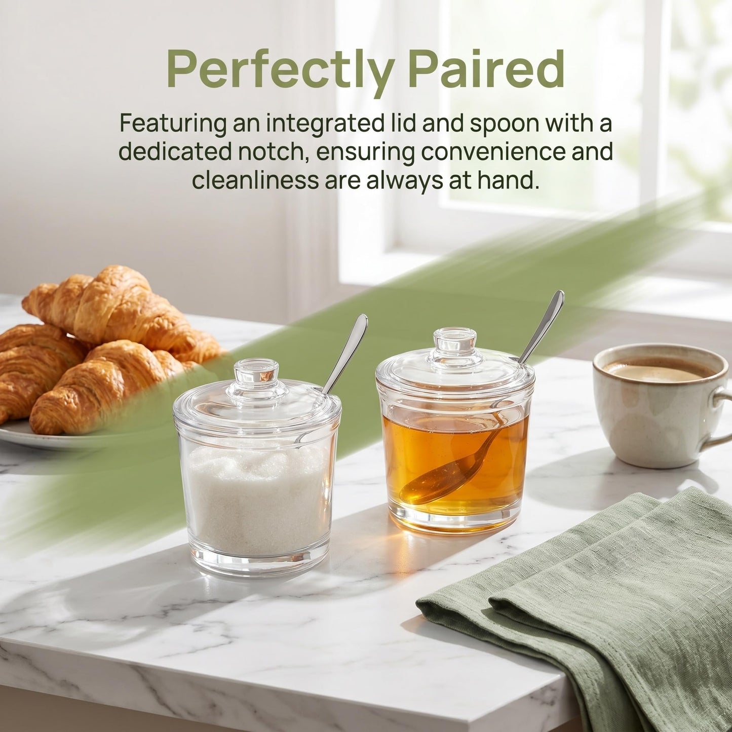 ZEAYEA Set of 2 Clear Glass Sugar Bowl, 6 Ounce Seasoning Box Condiment Pots with Spoon and Lid, Sugar Spice Salt Canister for Home Kitchen, Coffee Bar, Restaurant