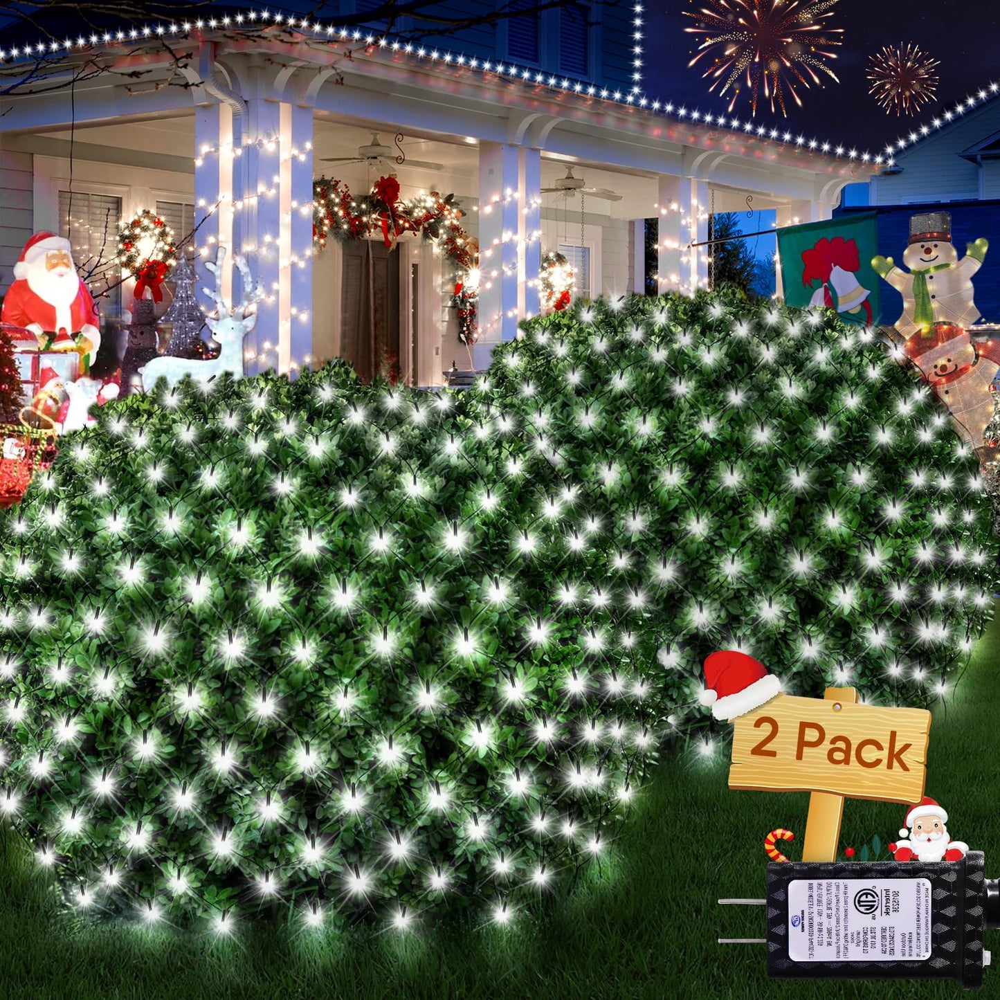 Hezbjiti Christmas Net Lights Outdoor 200 LED 6.9FT x 5.4FT Green Wire with 8 Modes, Connectable Plug in Waterproof, Timer Memory Function for Xmas Tree Bush Porch Lawn Windows Decor（2 Pcs Cold White