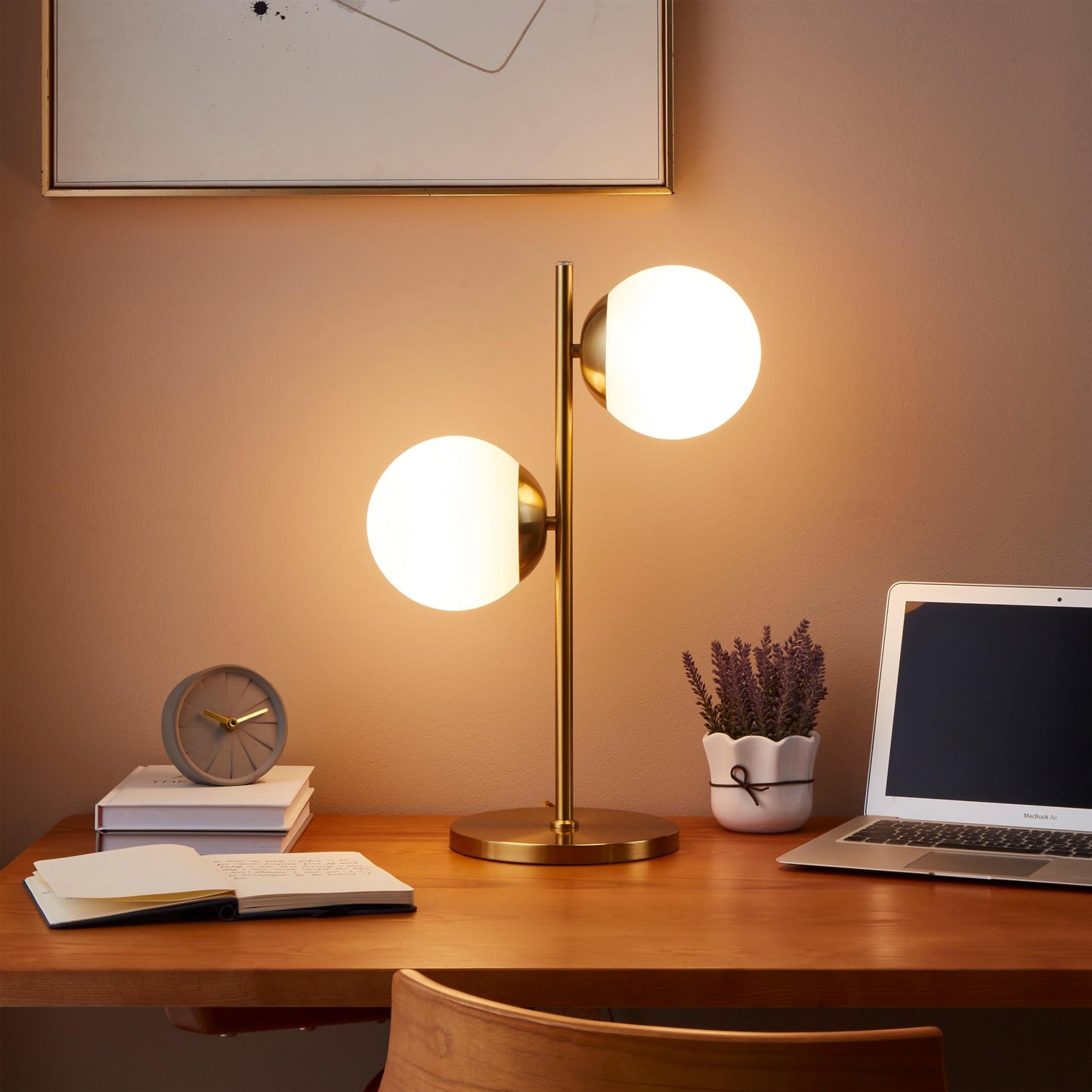 Brightech Sphere Table Lamp for Living Room, Mid-Century Modern Nightstand Light for Bedroom Offices, Contemporary Living Room Decor - 2 LED Globe Lights, USB Port – Gold/Antique Brass