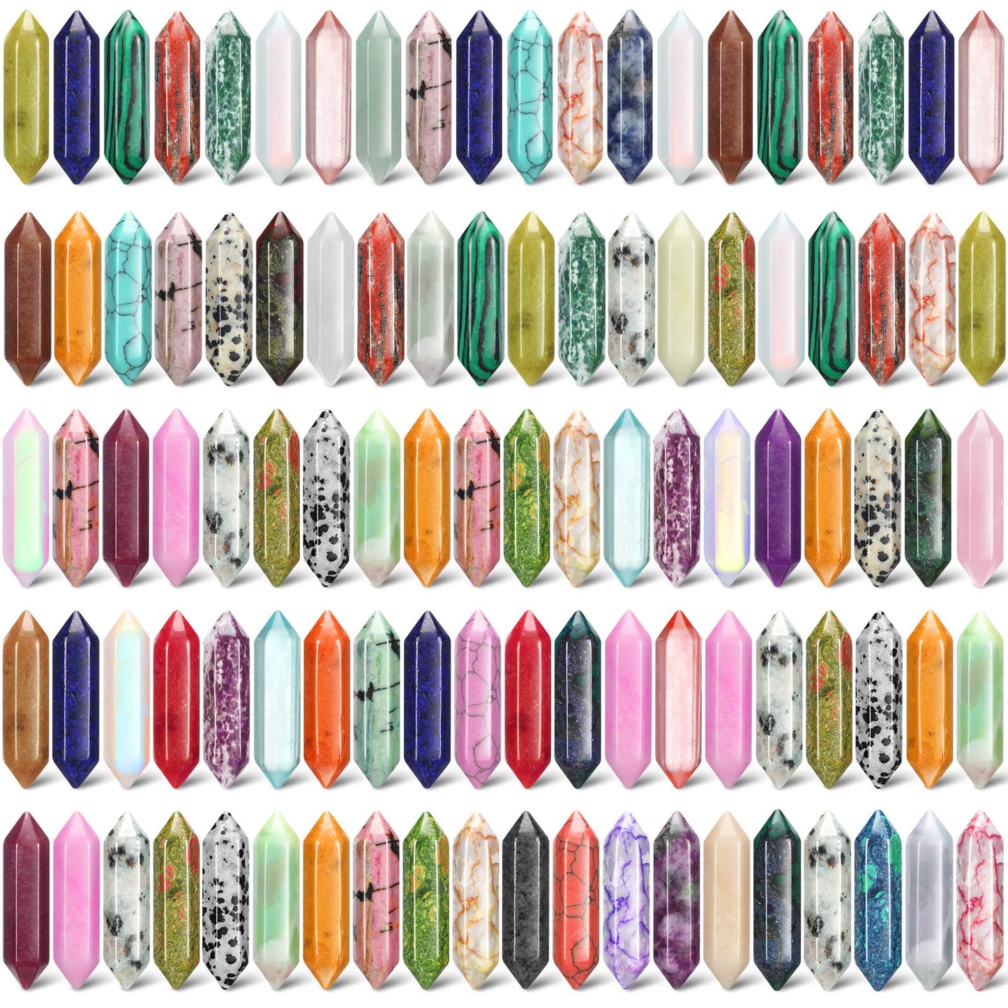 Nuenen 100 Pcs Healing Crystals Stones Sets, Hexagonal Bullet Shaped Wand Stones Bulk Gemstone Amethyst Chakra Crystals for Witchcraft Meditation Divination Fathers Day Gifts Women