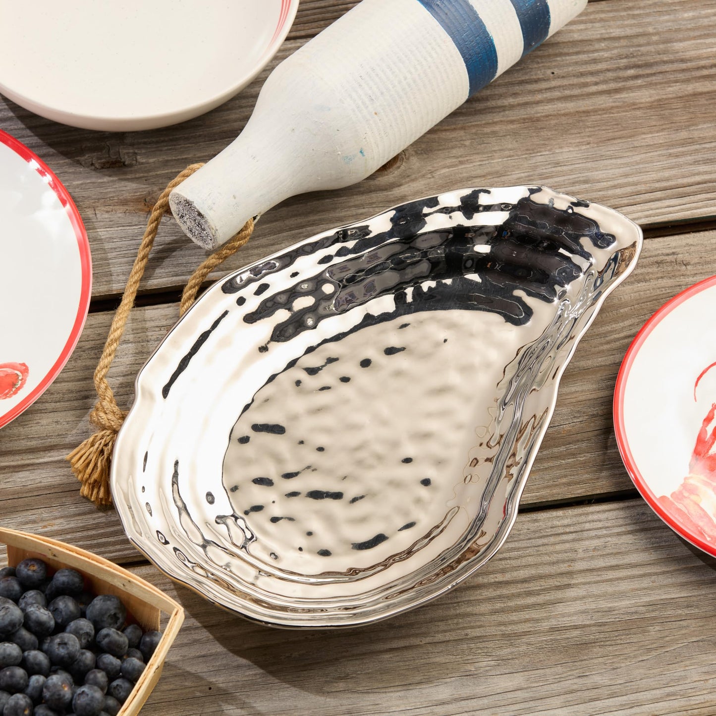 Silver Plated Porcelain Oyster Platter – 15.5 x 10 Inches, Tarnish-Resistant Elegance for Dining & Entertaining