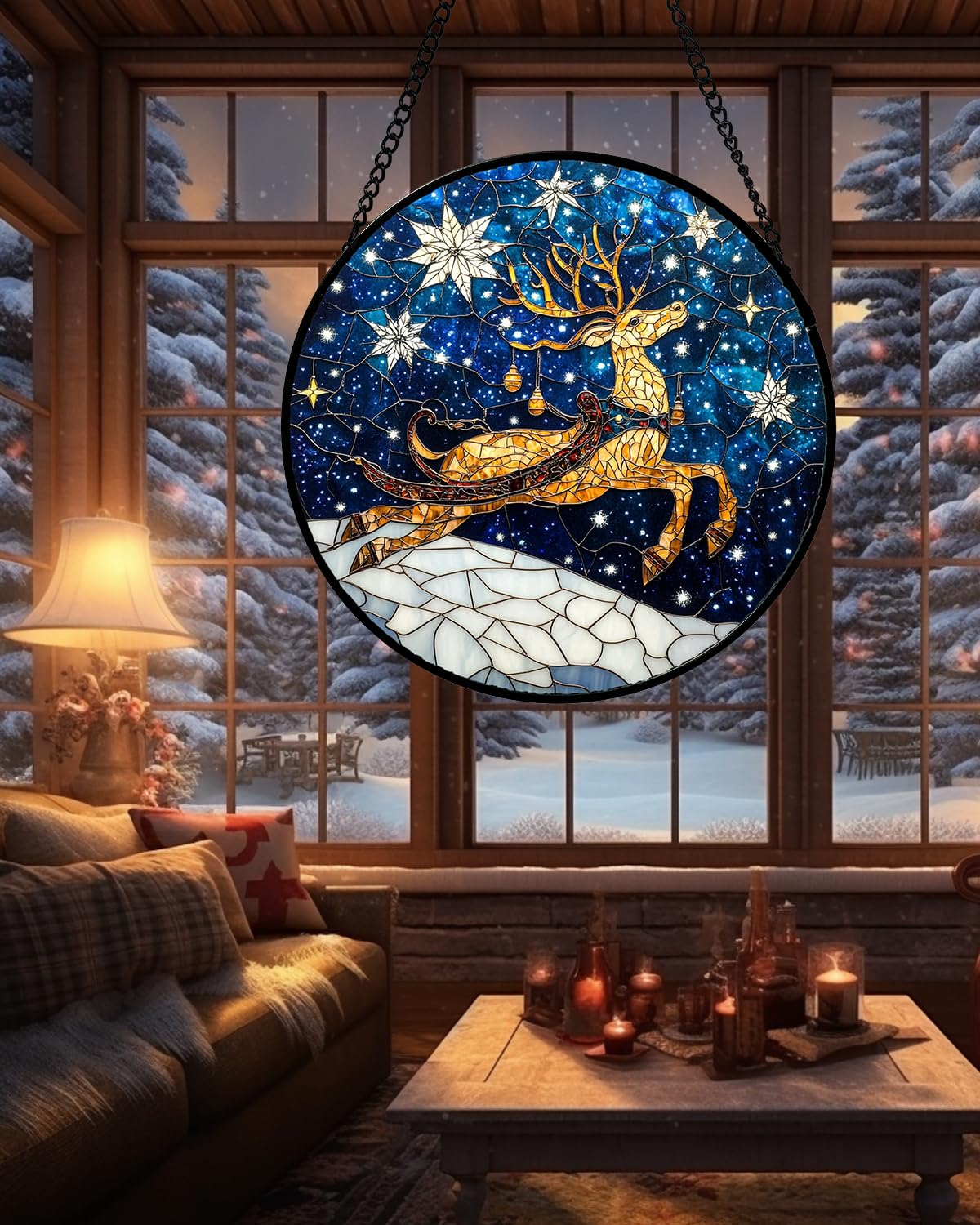 HWRHTR Stained Glass Window Hanging - Reindeer Blue Starry Sky Suncatcher for Doors Home Christmas Decoration Winter Sun Catcher Thanksgiving New Year Birthday Gifts for Women Men Mom Nana 6.3 in