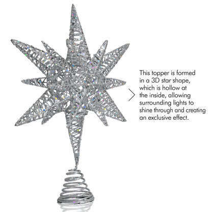 Ornativity Silver Star Tree Topper – Christmas Silver 3D Glitter Star Toppers Ornament Treetop Xmas Trees Top Decoration Holiday Decor 16"