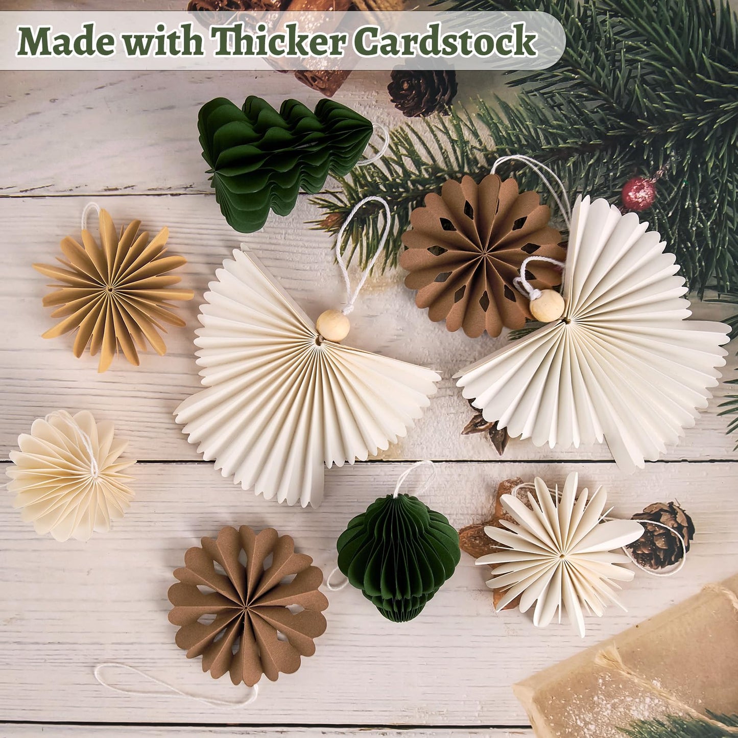 OBBOLO 9 Pcs Mini Paper Christmas Hanging Ornaments, Handcrafted with Carstock, White, Sage Green and Brown Decorative Paper Christmas Tree Ornament, for Xmas Holiday Party Home Tree Decor