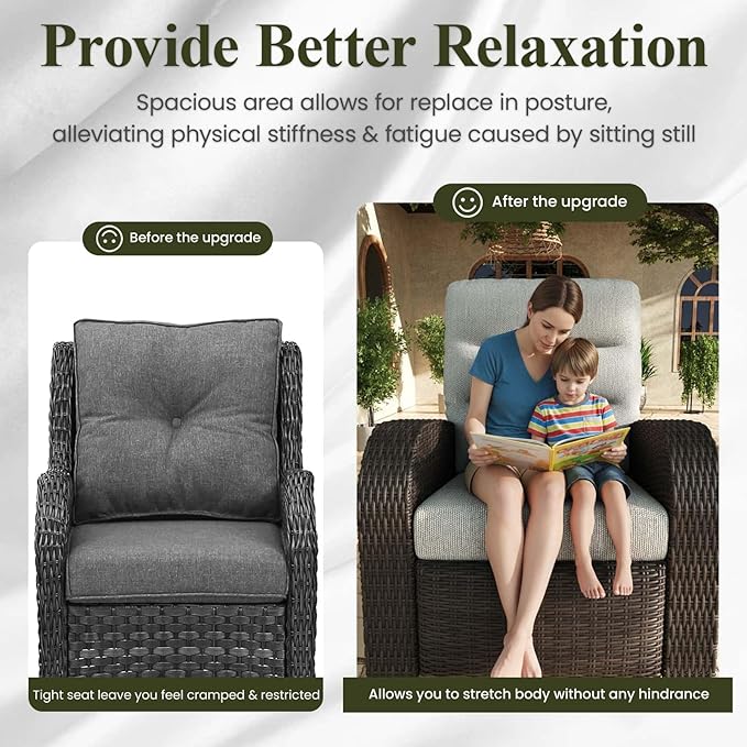 LayinSun Oversized Wicker Outdoor Swivel Glider Recliner with Adjustable Backrest & Footrest, Patio Reclining Lounge Chair - Set of 2