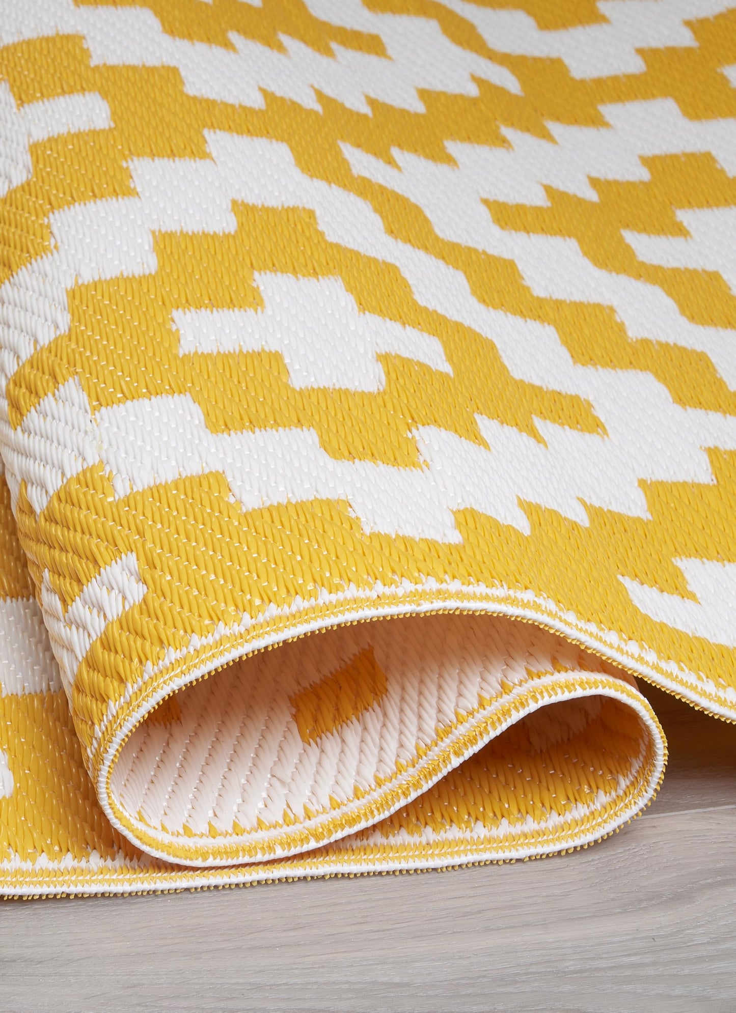 FH Home Outdoor Camping Rug - Waterproof, Fade Resistant, Reversible - Premium Recycled Plastic - Geometric - Large Patio, Deck, Sunroom, RV - Aztec - Yellow & White - 9 x 18 ft Foldable