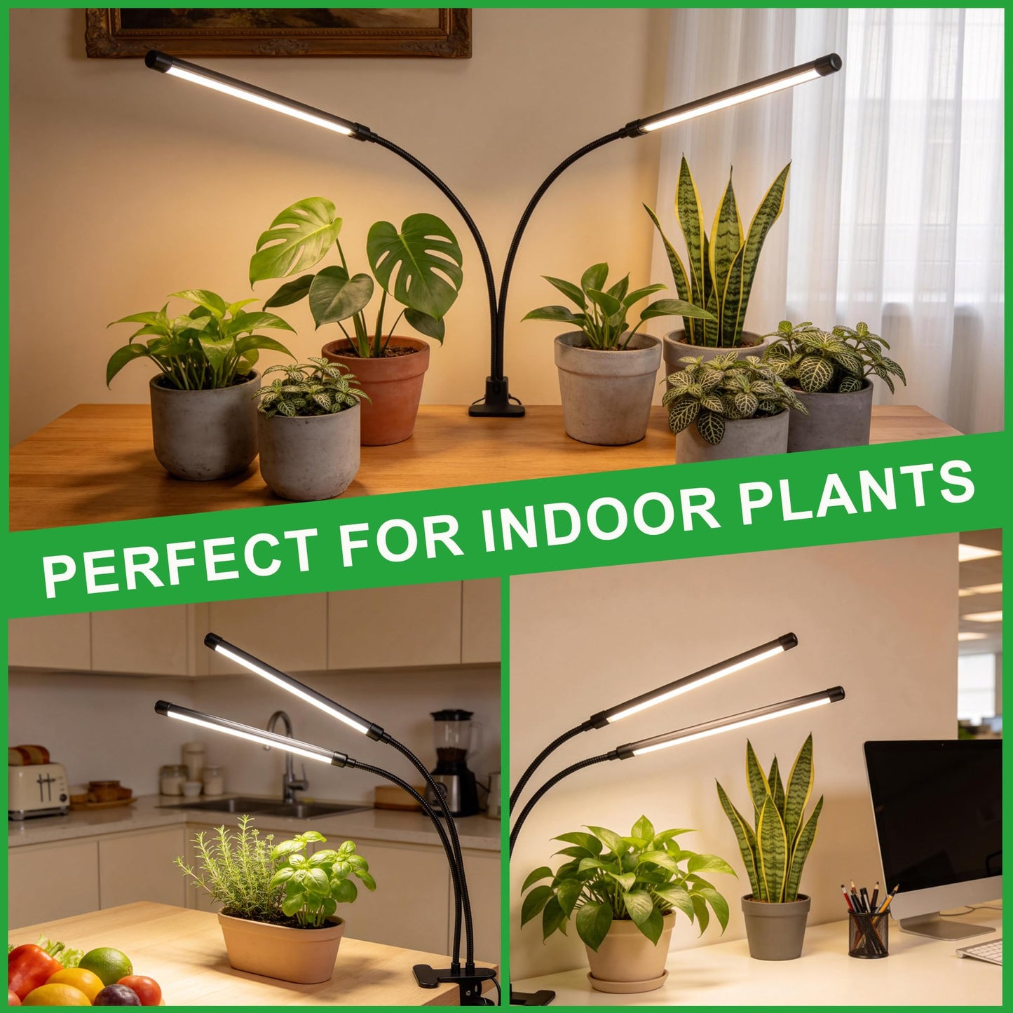 Dual Head Grow Lights for Indoor Plants, 40 LED Full Spectrum Plant Light with Clip & UL-Certified Adapter, 3 Light Modes & 5-Level Dimmable, 4/8/12H Auto Timer for Seedling, Succulents