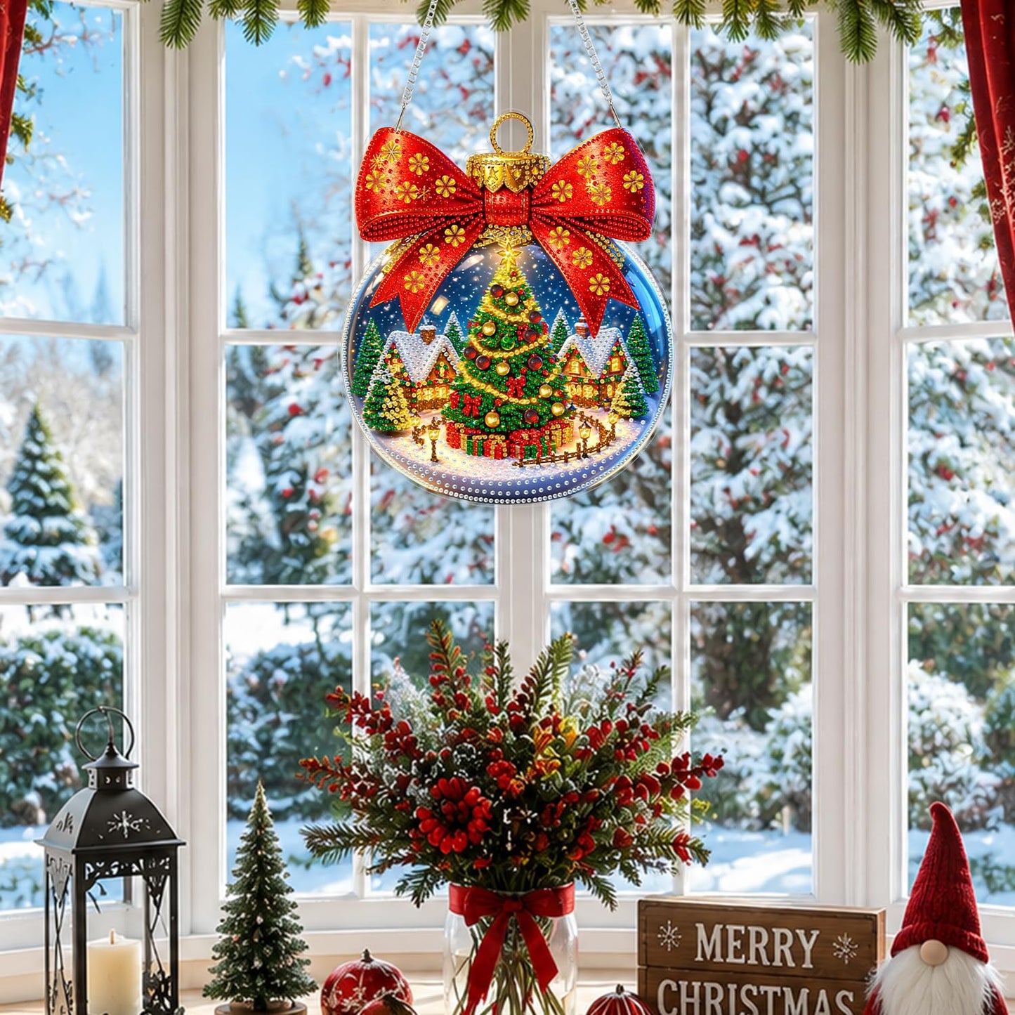 Yunzlly DIY Christmas Hanging Diamond Art Pendant Kit, Special Crystal Diamonds Painting Ornament Kit for Adults, Acrylic Hanging Gem Painting Board for Window Door Wall Decor (Christmas Ball Wreath)