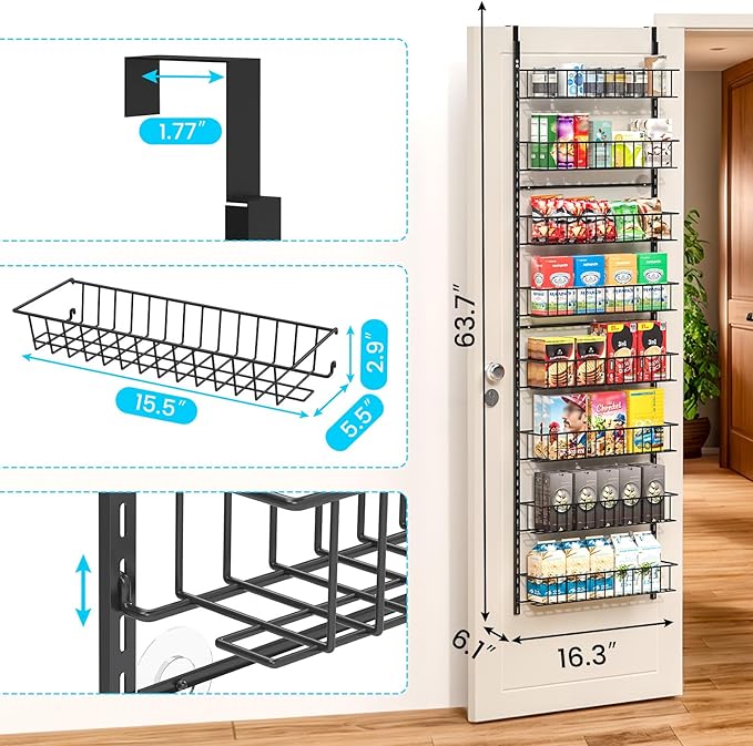 8-Tier Pantry Door Oragnizer, Over The Door Pantry Organizer Rack and Storage