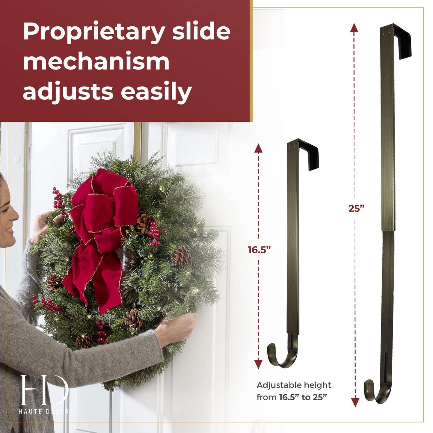 Haute Decor Adapt Adjustable Length Over The Door Wreath Hanger with Removable Icon (Antique Brass - Reindeer) for Christmas and Winter Holidays