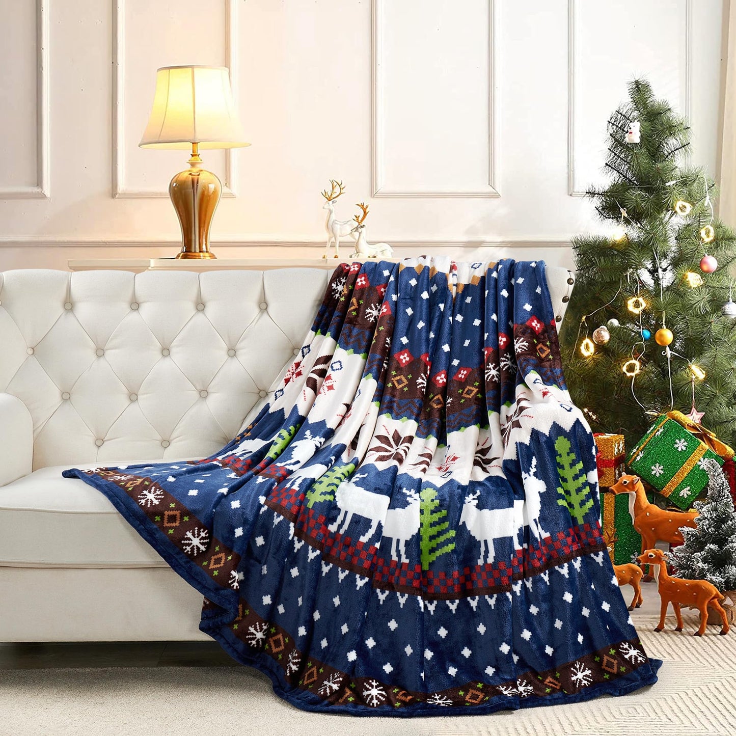 Home Soft Things Christmas Collection Flannel Fleece Blanket, Queen, Blue Christmas Deer, 90" x 90", Winter Warm Cozy Throw Blanket for Bed Home Décor