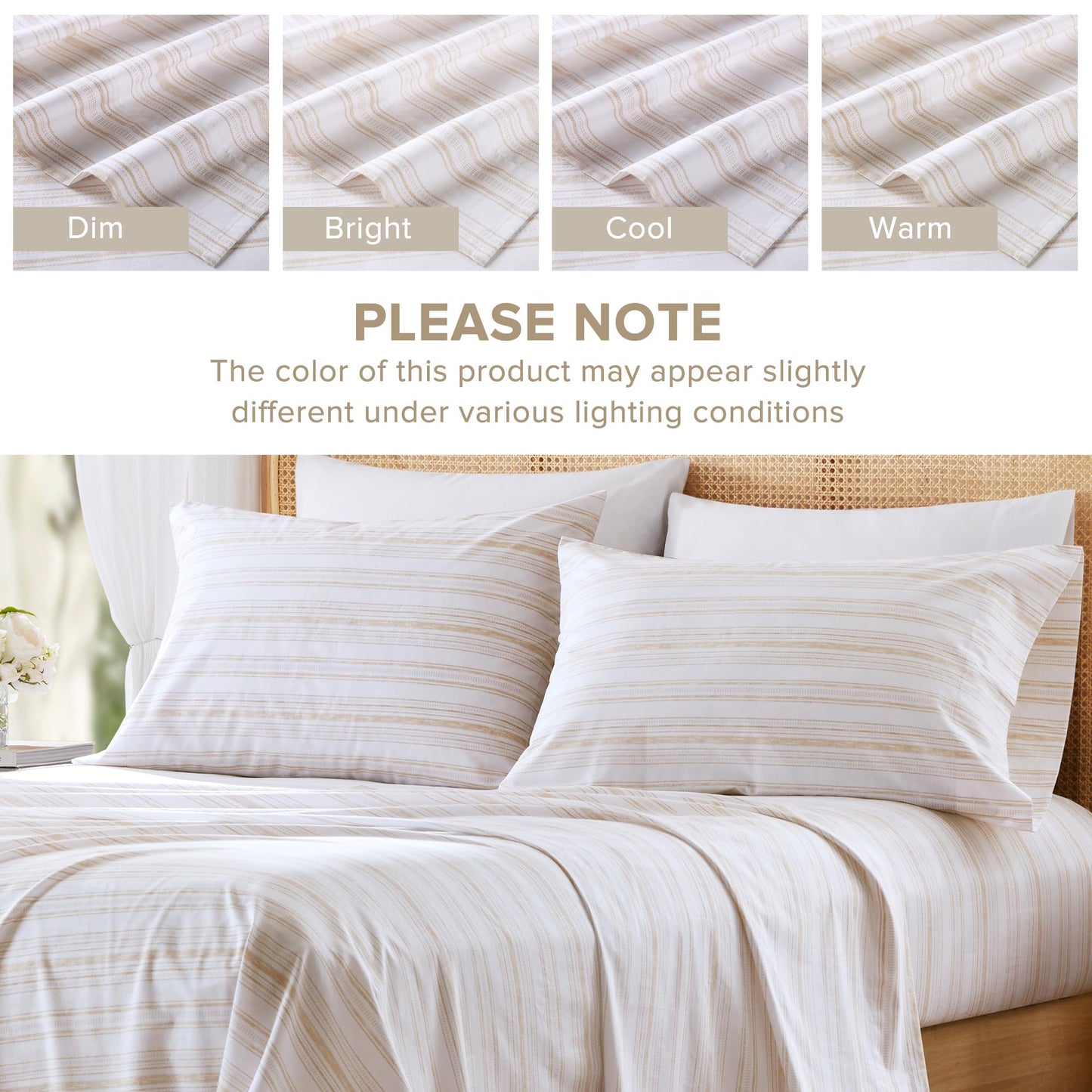 Comfort Spaces 100% Cotton Sheets Cal King, Breathable, Naturally Cool Cotton Sheets, Cotton Bed Sheets with 14" Elastic Pocket Fits up to 16" Mattress, All Seasons Sheet Set, Good Vibes Taupe 4 Piece