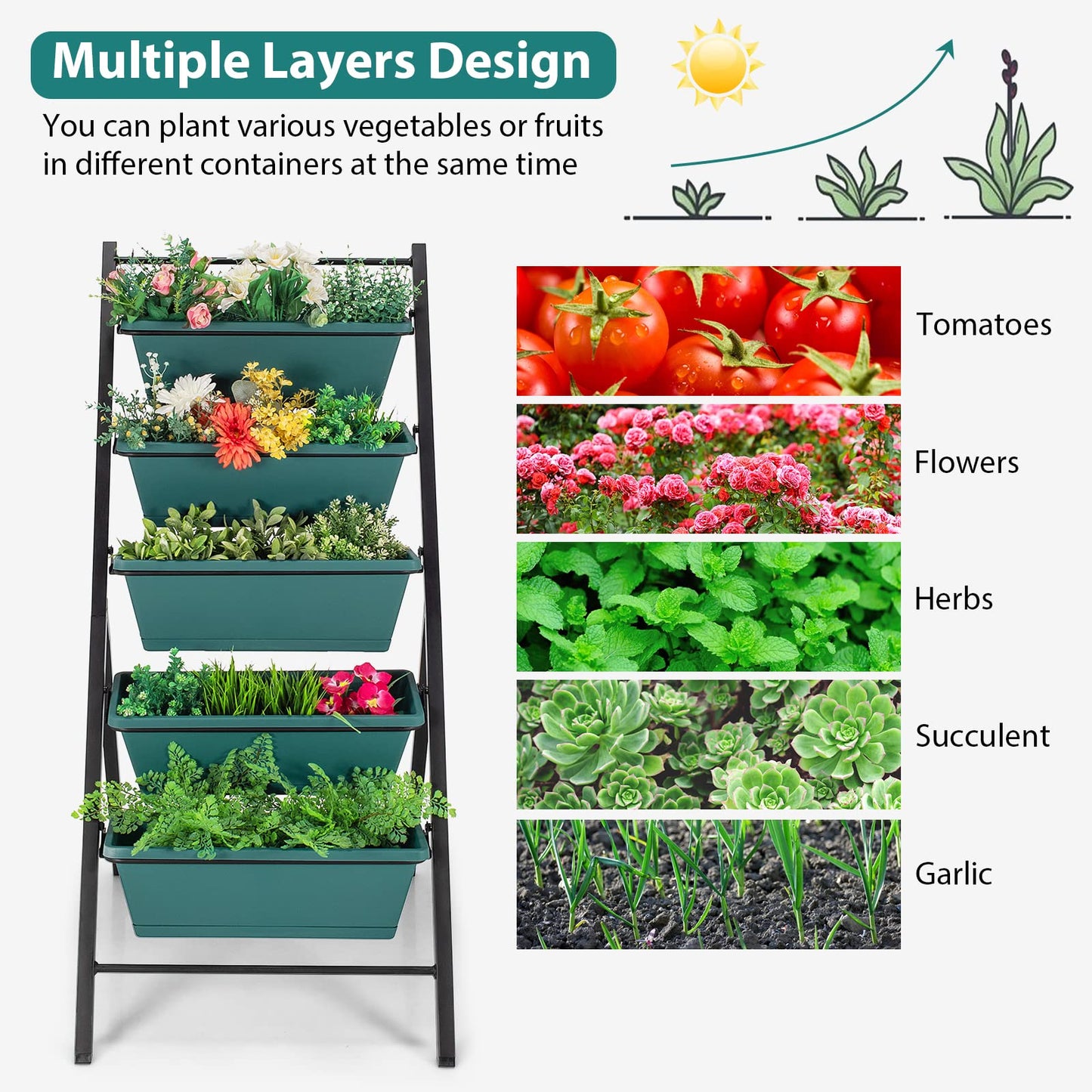 Giantex Set of 2 Vertical Planter Raised Bed, Elevated Garden Beds with Water Drainage Hole, Freestanding 5 Container Boxes for Herb Vegetables Flowers Growing, Outdoor Indoor Patio Balcony