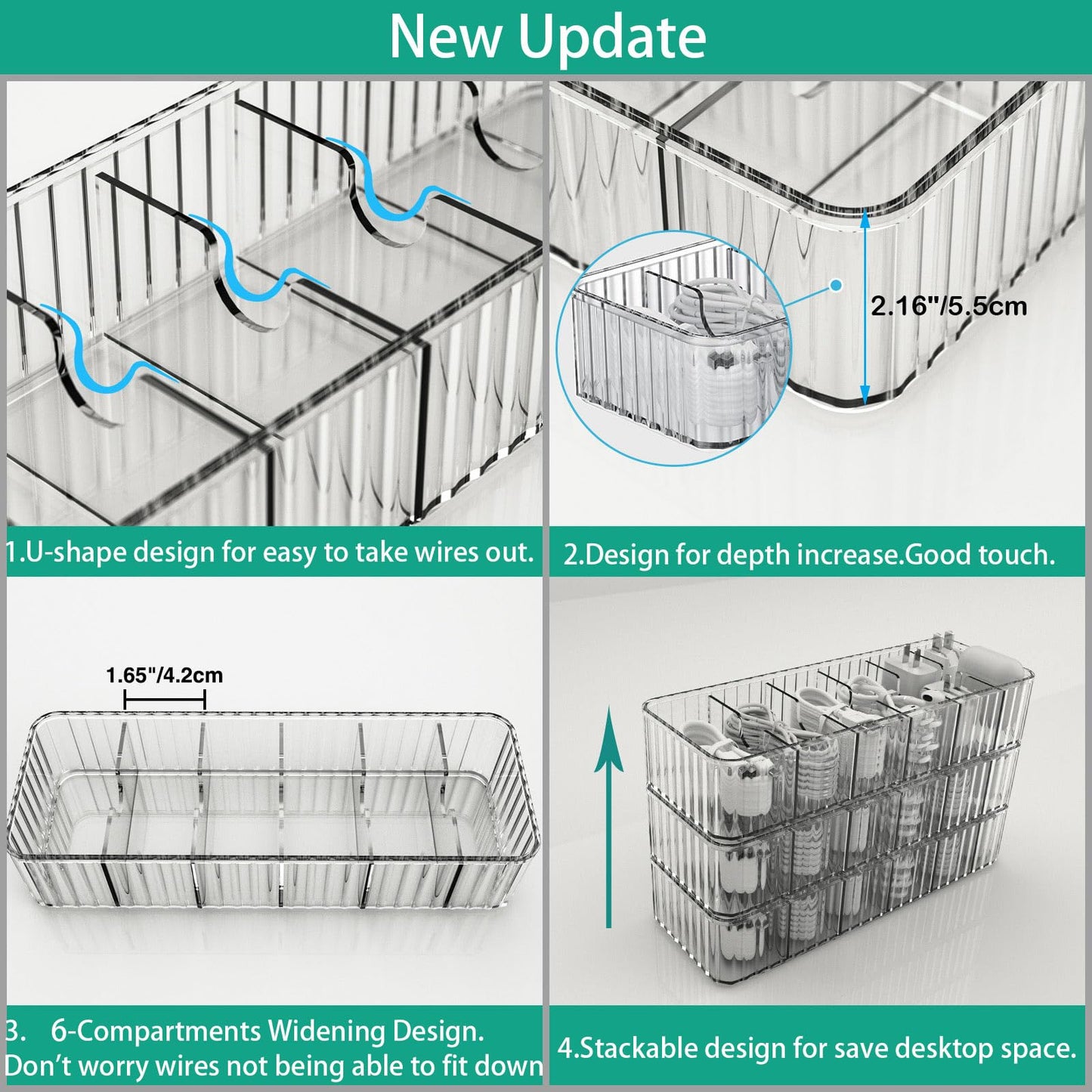 Tamomic Cable Storage Boxes Organizers 2 Pack,Cord Charger Storage Organizer Box Case with 20pcs Cable Ties,Stackable,Clear