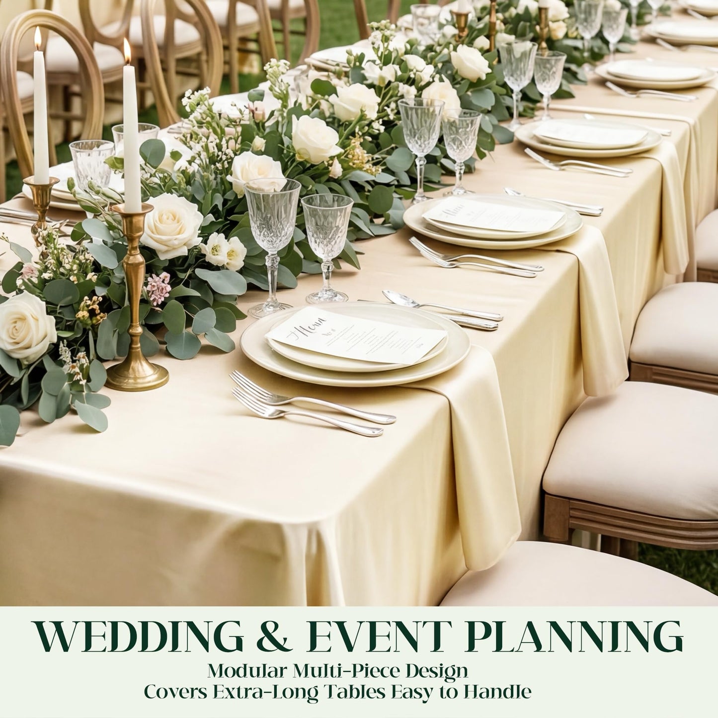 COSINIA 8 Pack Champagne Satin Tablecloth 58 x 102 Inches, Rectangular Satin Table Cloths for Wedding Reception, Birthday Party, Graduation & Holiday Banquet Tables