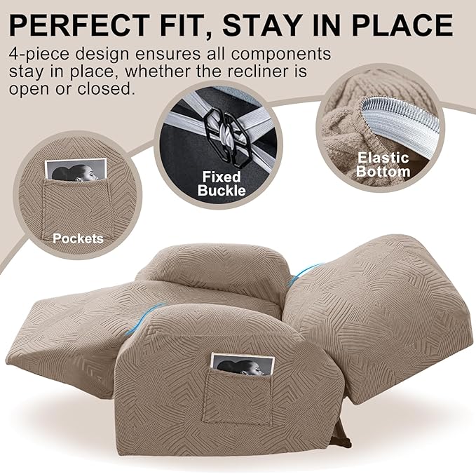 Oversized Recliner Chair Covers, 4-Piece Stretch Geometric Strokes Jacquard