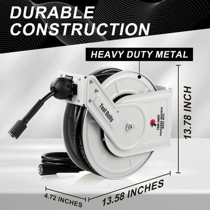 Tool Daily Retractable Pressure Washer Hose Reel 60 FT x 1/4”, Heavy Duty Power Washer Hose Reel 3600 PSI, Auto-Rewinding, Wall/Floor Mounted