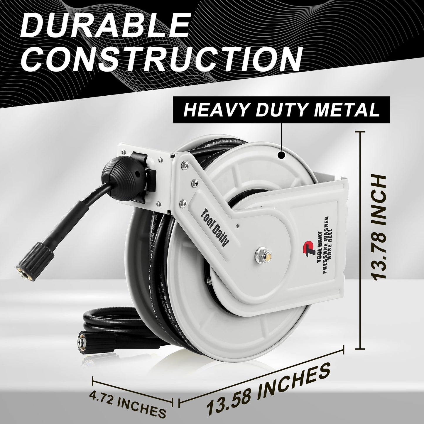 Tool Daily Retractable Pressure Washer Hose Reel 60 FT x 1/4”, Heavy Duty Power Washer Hose Reel 3600 PSI, Auto-Rewinding, Wall/Floor Mounted