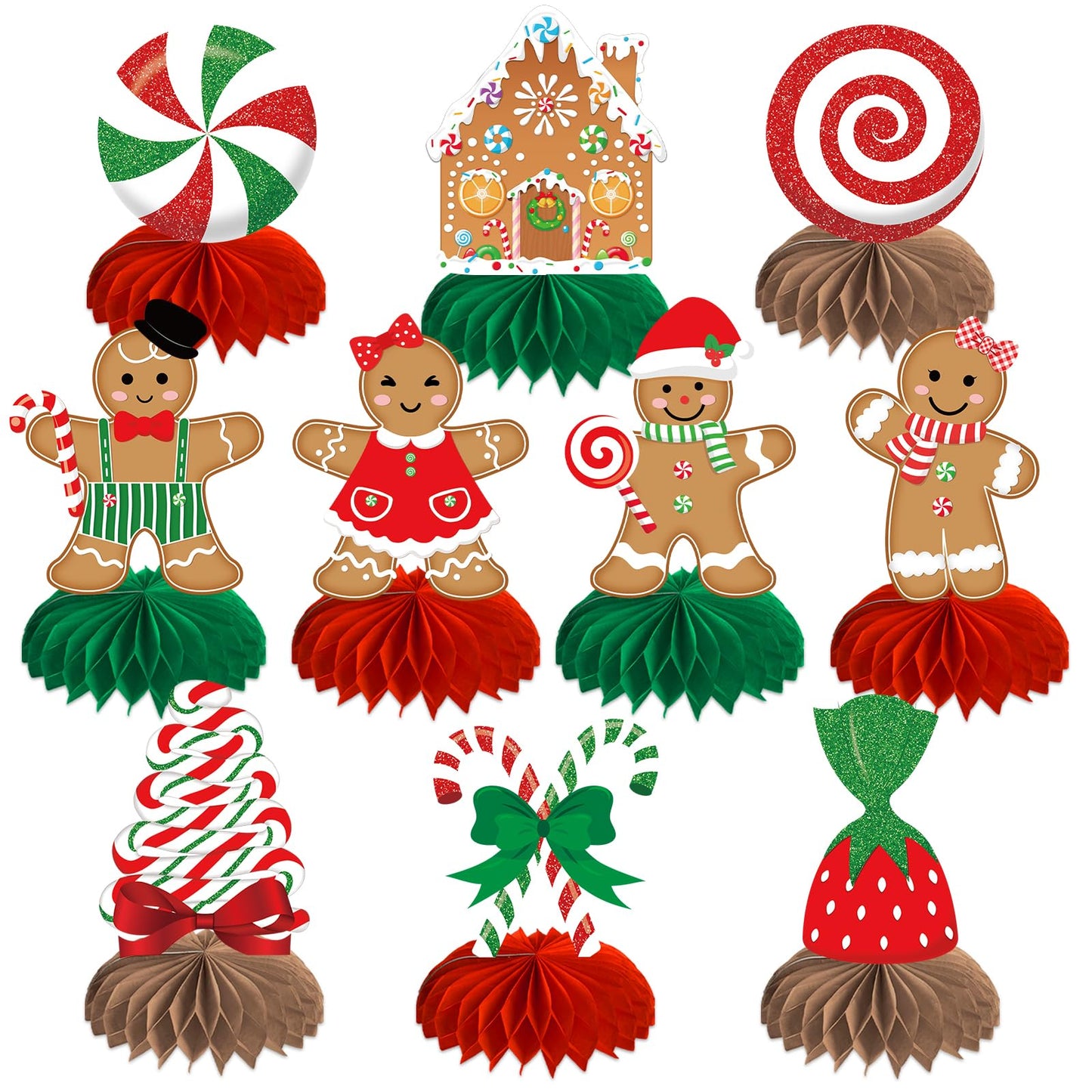 Gingerbread Christmas Party Table Decorations Centerpieces,10pcs Paper Gingerbread Man House Lollipops Candy Canes Honeycombs for Xmas Winter Holiday Birthday Party Decor Supplies