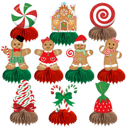 Gingerbread Christmas Party Table Decorations Centerpieces,10pcs Paper Gingerbread Man House Lollipops Candy Canes Honeycombs for Xmas Winter Holiday Birthday Party Decor Supplies