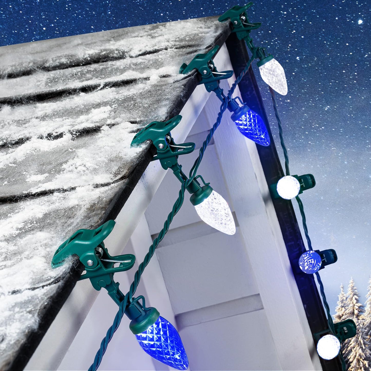 C9 LED Christmas Lights Outdoor, 68 Feet 100 LED C9 String Light with 100 Spring Clips, Waterproof Connectable Christmas Tree Lights for Outside Roofline Patio Home Xmas Decor, Blue & Pure White