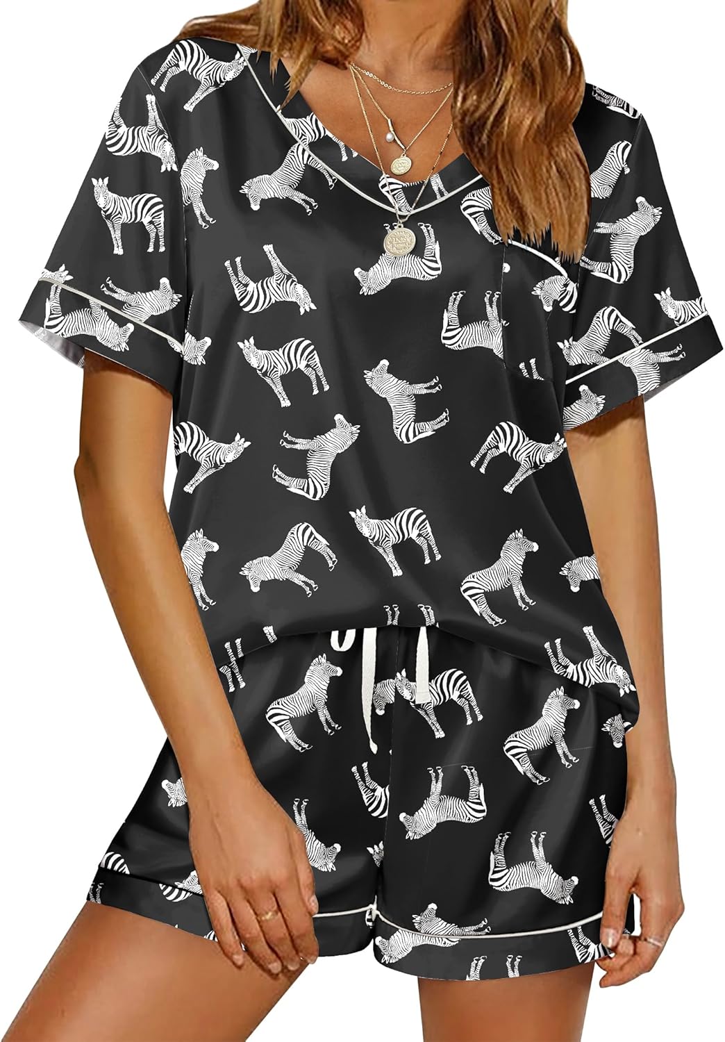 Ekouaer Silk Pajama for Women Short Sleeve Satin Pj Set Two Piece Soft Sleepwear Loungewear, S-XXL