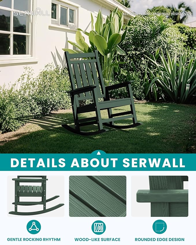 SERWALL HDPE Outdoor Rocking Chair Set of 6, Patio Rocking Chairs for Adults, All Weather Outdoor Rockers for Lawn, Green