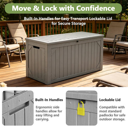 MAKE CHANGES Outdoor Storage Box, 95 Gallon Deck Box Outdoor Storage Bench, Outside Waterproof Resin Storage Bench, Lockable Patio Cushions, Garden Tools Storage for Furniture, UV Resistant (Gray)