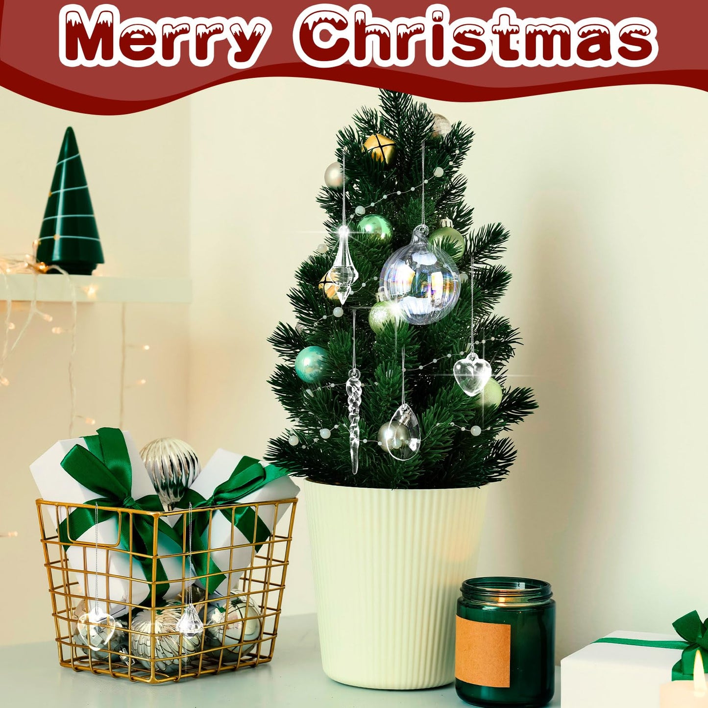 Civaner 32 Pcs Christmas Crystal Ornaments Hanging Clear Glass Plastic Hanging Decor Christmas Icicle Drop Crystal Ornaments for Xmas Tree Winter New Year Party Supplies (Holographic)