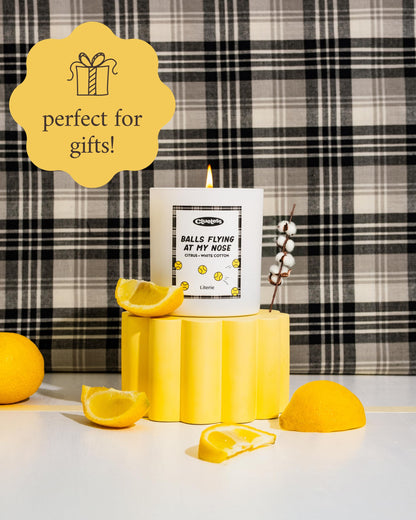 Literie Clueless Inspired Scented Candle: Balls Flying at My Nose - Citrus and White Cotton Scent, 9oz, 50 Hour Burn, Vegan Soy & Coconut Blend Candle for Home Decor, Gift for Women & Men
