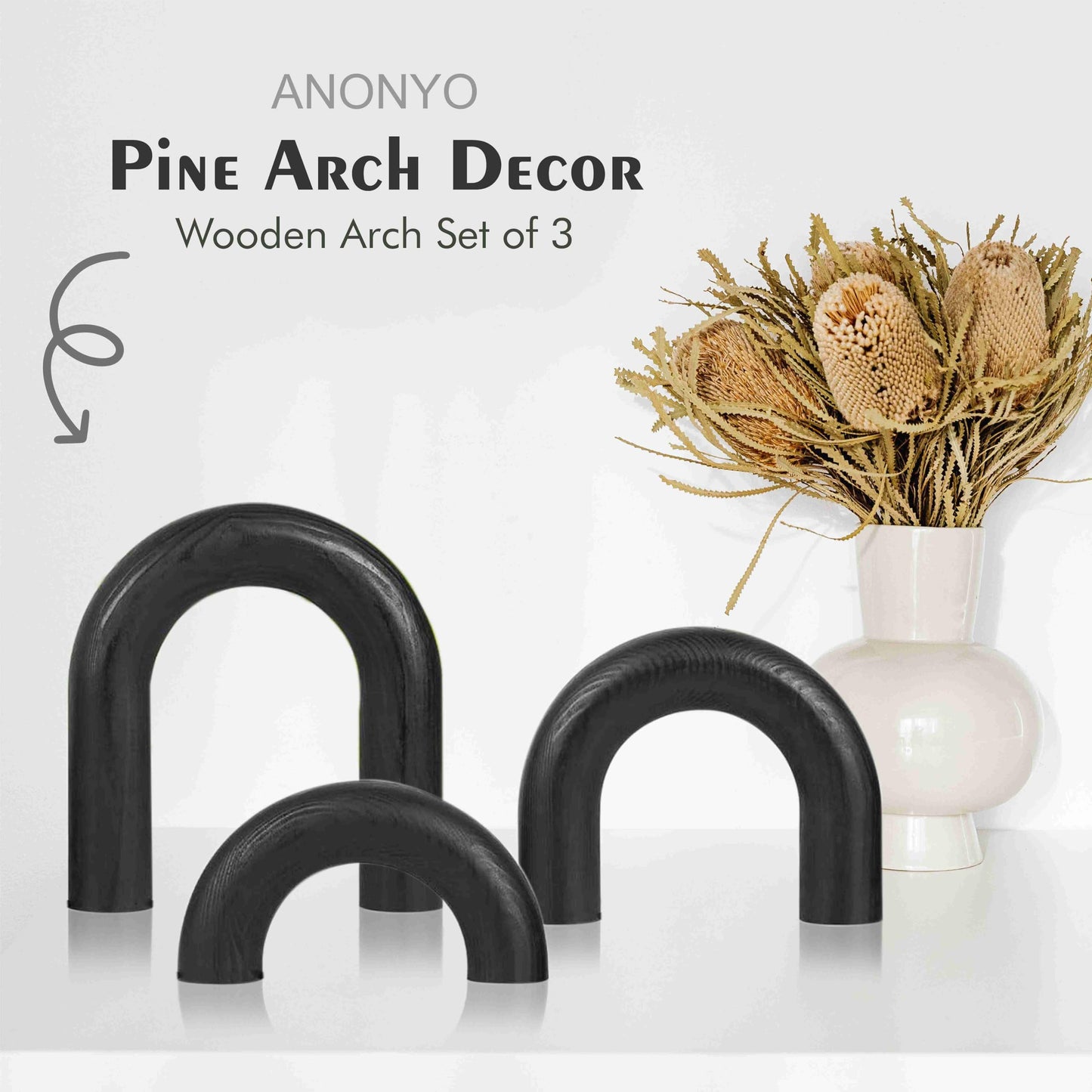 ANONYO 3Pcs Wooden Arches Decorative Object for Coffee Table Boho Shelf Decor Arch Design for japandi Home Aesthetic Shelf Neutral Home Accents (Black Stain)