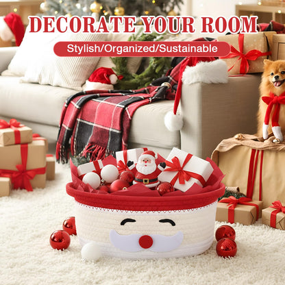 Zopeal Christmas Woven Basket with Gift Bag, Ribbon and Red Tissue Paper Santa Emoticon Woven Storage Bin Empty Basket Holiday Decorative for Xmas Gifts, 12 x 8 x 5 inch