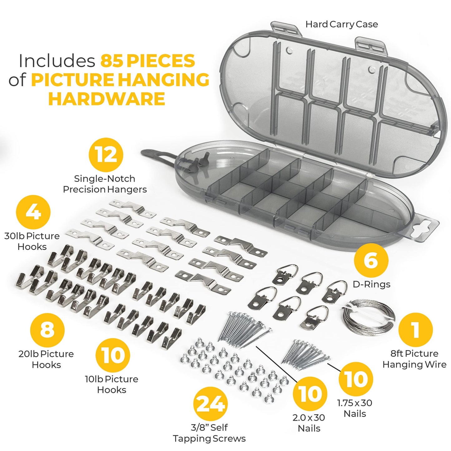 Go Hang It! Pro, All-in-One Picture Hanging Kit - Picture Leveling and Hanging Tool - Hang Sawtooth/Wire Hangers - Wall Hanging Kit and Level Tool - Hardware Case with 85-Piece Hanging Essentials