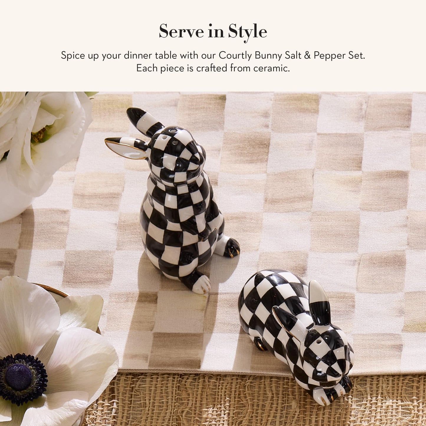 MACKENZIE-CHILDS Bunny Salt and Pepper Shaker Set, Ceramic Salt and Pepper Holders, Black-and-White Courtly Check