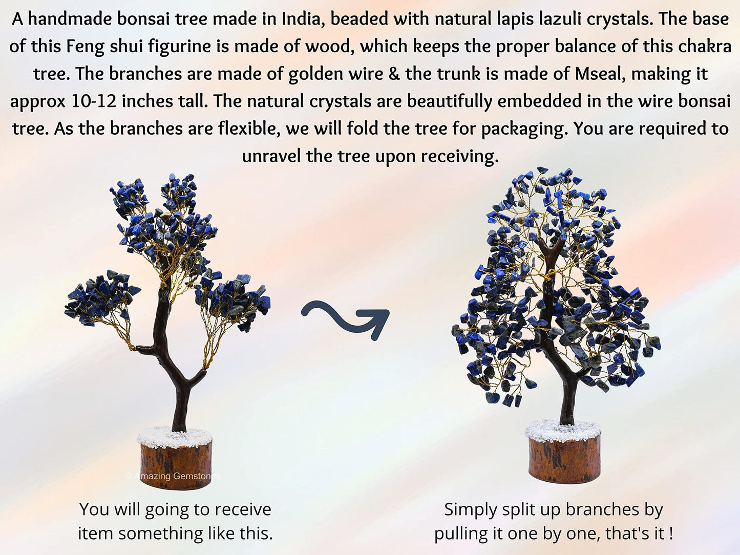 Amazing Gemstone Lapis Lazuli Natural Healing Crystal Bonsai Feng Shui Fortune Money Tree of Life for Home Office Decor, 10-12 Inch