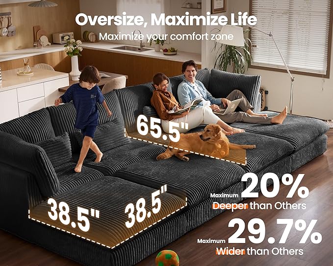 115" Oversized Corduroy Couch Modular Sectional Sofa, Washable Cloud Couch
