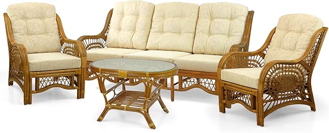 Malibu Lounge Set of 4: 2 Natural Rattan Wicker Chairs, Three-Seater Sofa