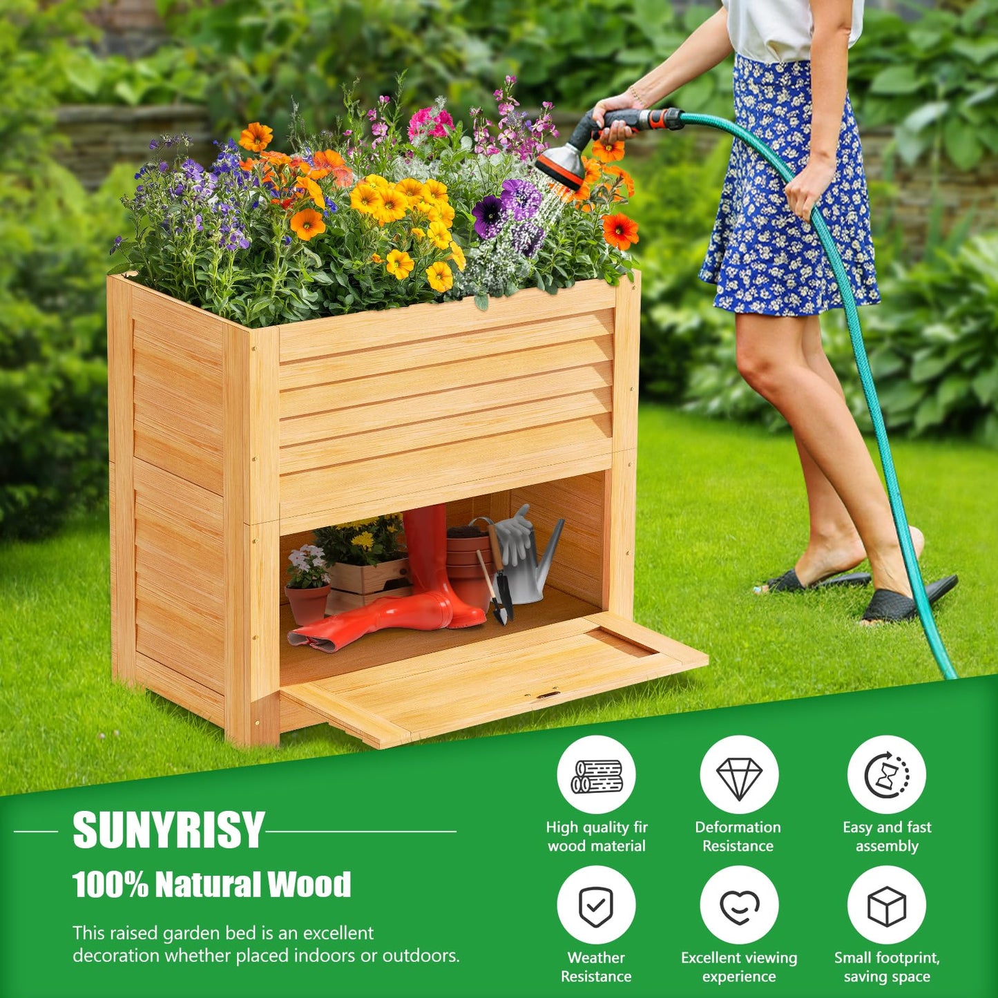 SUNYRISY Wooden Raised Garden Bed with Storage Box, 34" L x 18" W x 30" H Elevated Large Planter Box for Planting Herb Vegetable Flower Outdoor Indoor, Wood
