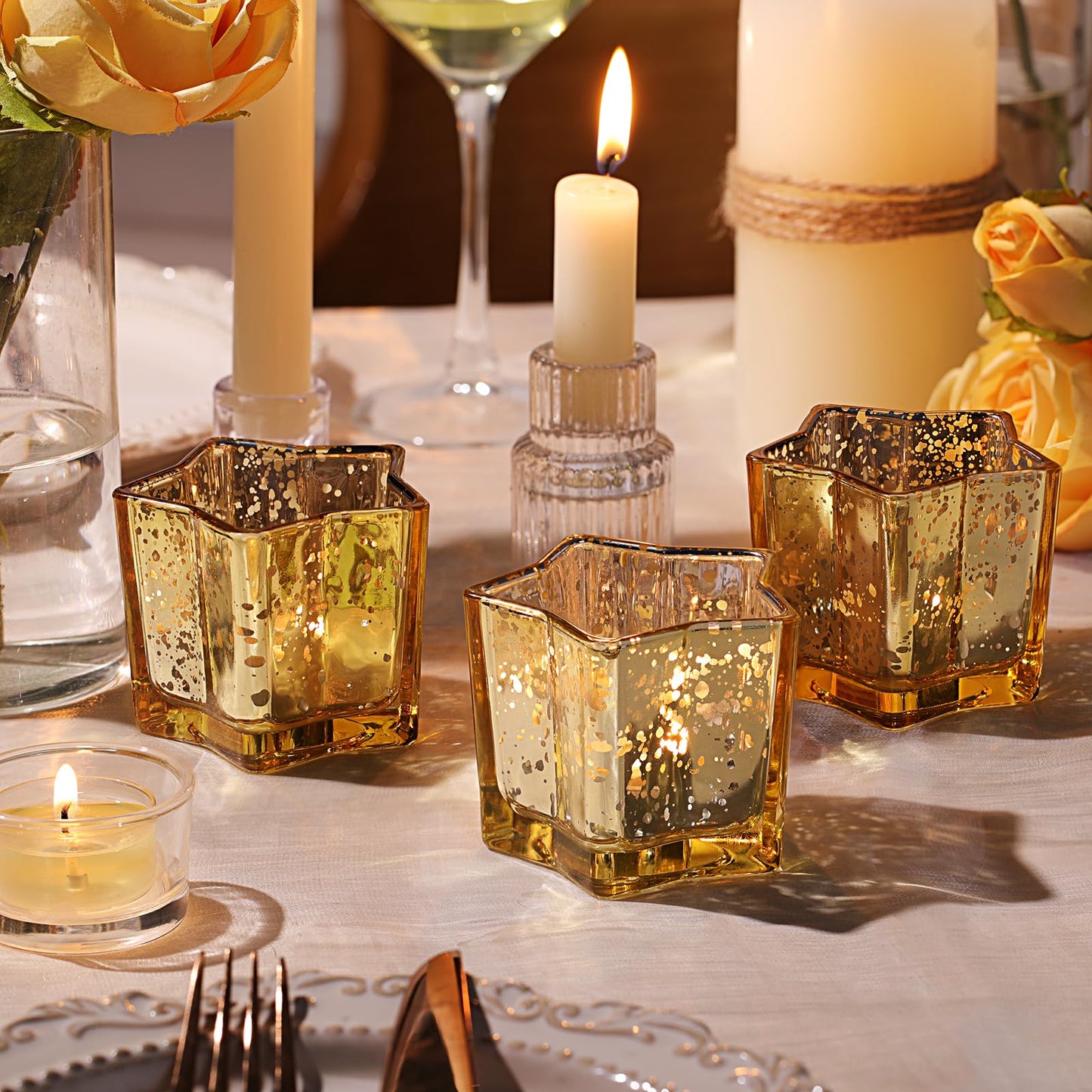 Letine 8pcs Gold Star Candle Holders Set - Elegant Tea Light & Votive Holders for Diwali, Weddings, Fall Decor - Mercury Glass Star Jars with Celestial Glow(2.44" Height)