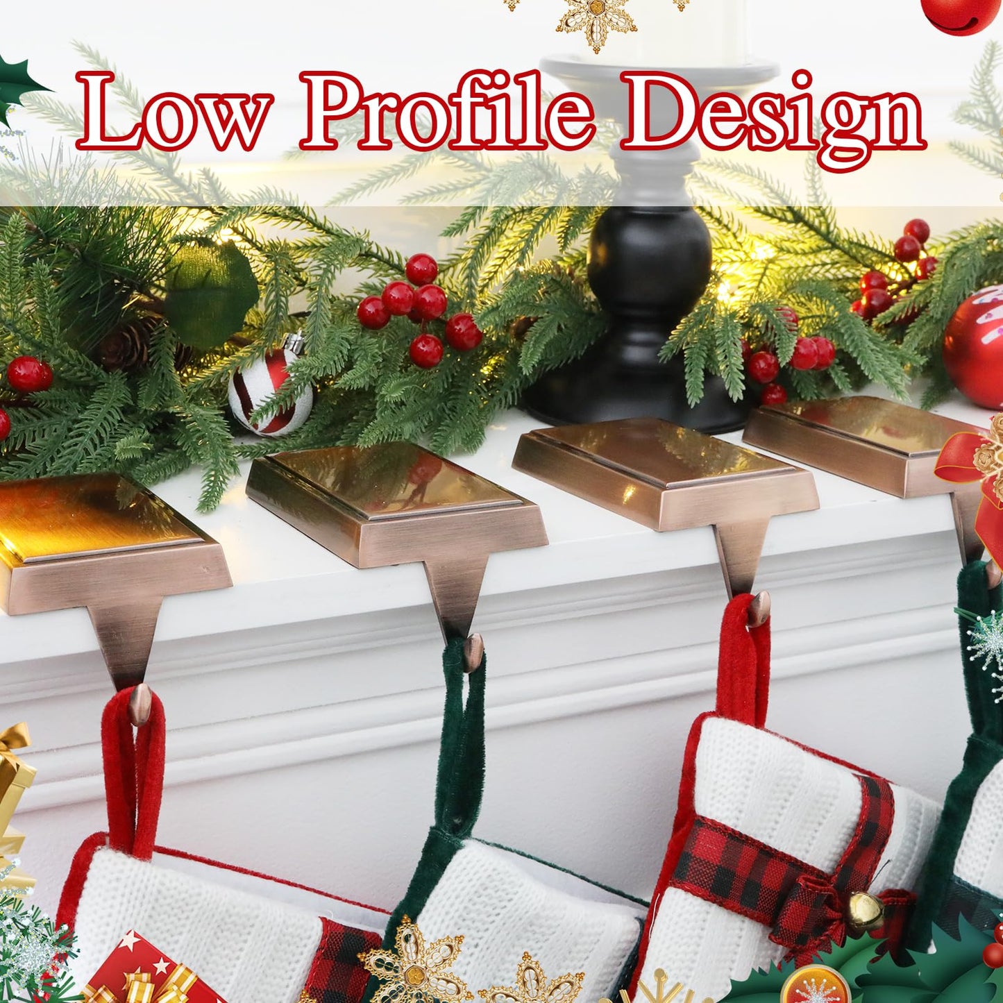 SINTENILL Christmas Stocking Holders for Mantle Set of 4, Heavy Weighted Metal Stocking Holders Hangers Low Profile Stocking Hooks Bases for Fireplace Table Xmas Holiday Party Decoration, Copper
